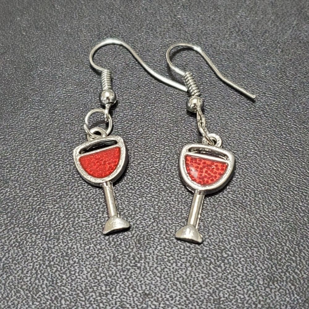 Silver tone red wine in a glass earrings